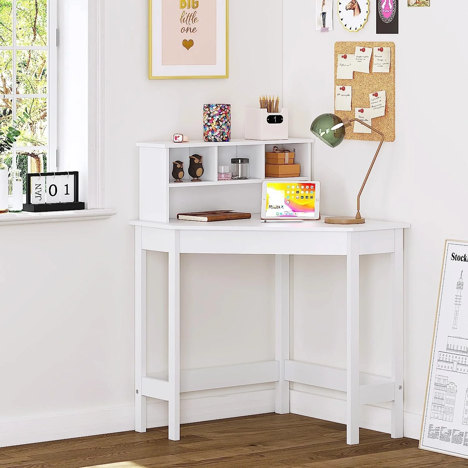UTEX Corner Desk with Storage and Hutch for Small Space, Study Computer Desk Workstation & Writing Table, White