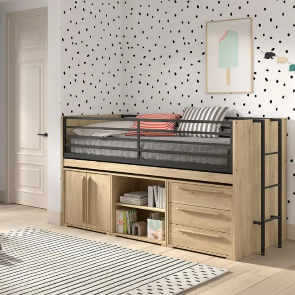 Halfhoogslaper Sammie 90x200cm - met bureau en opbergruimte - eikdecor