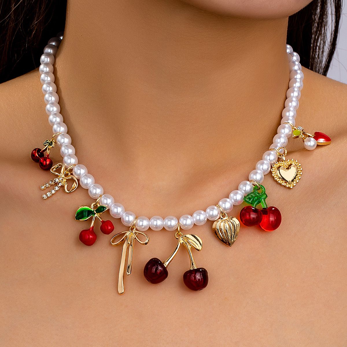 PEACH ACCESSORIES Coquette Pearl Cherry Charm Necklace