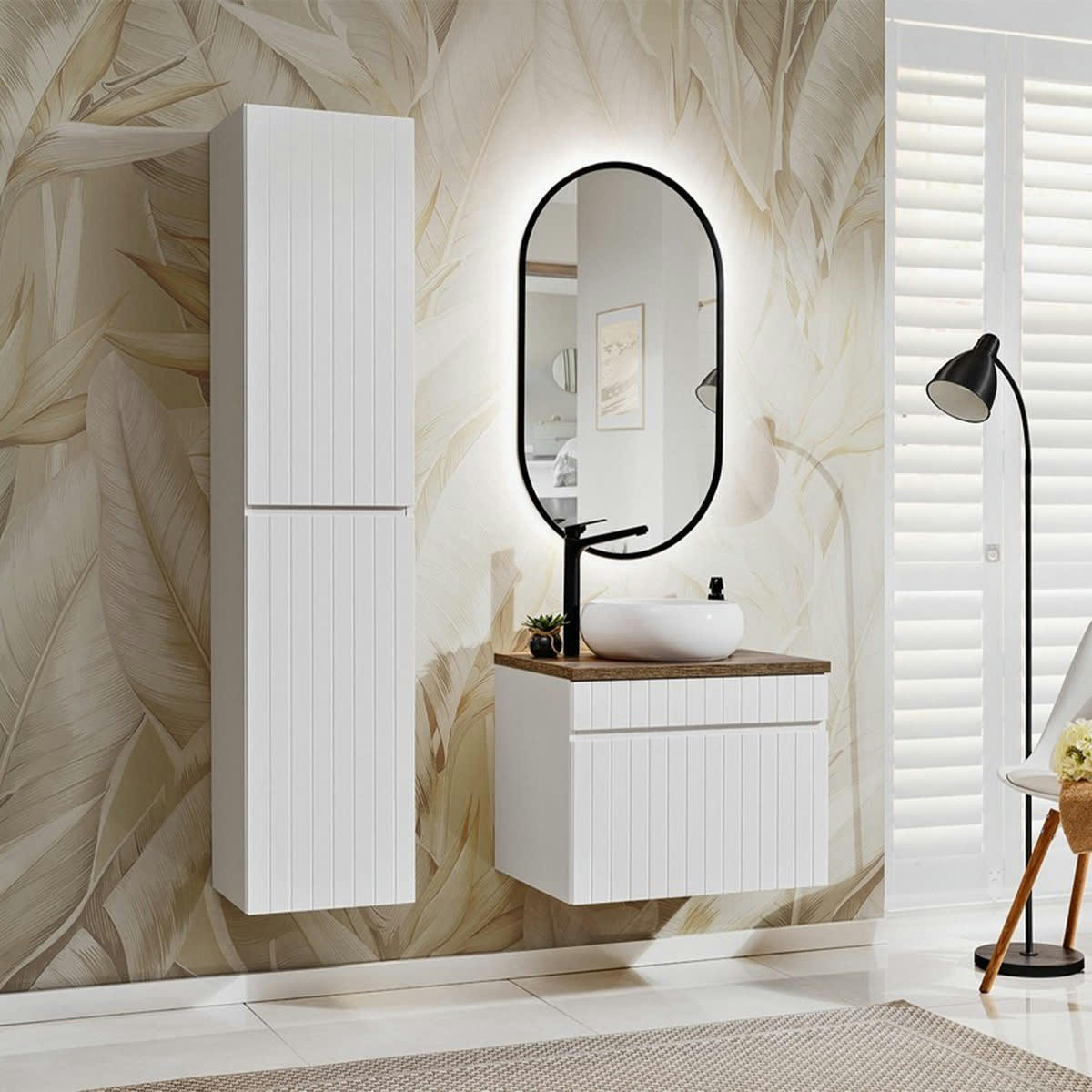 - Ensemble meuble simple vasque ronde 60cm et colonne stratifiés blanc