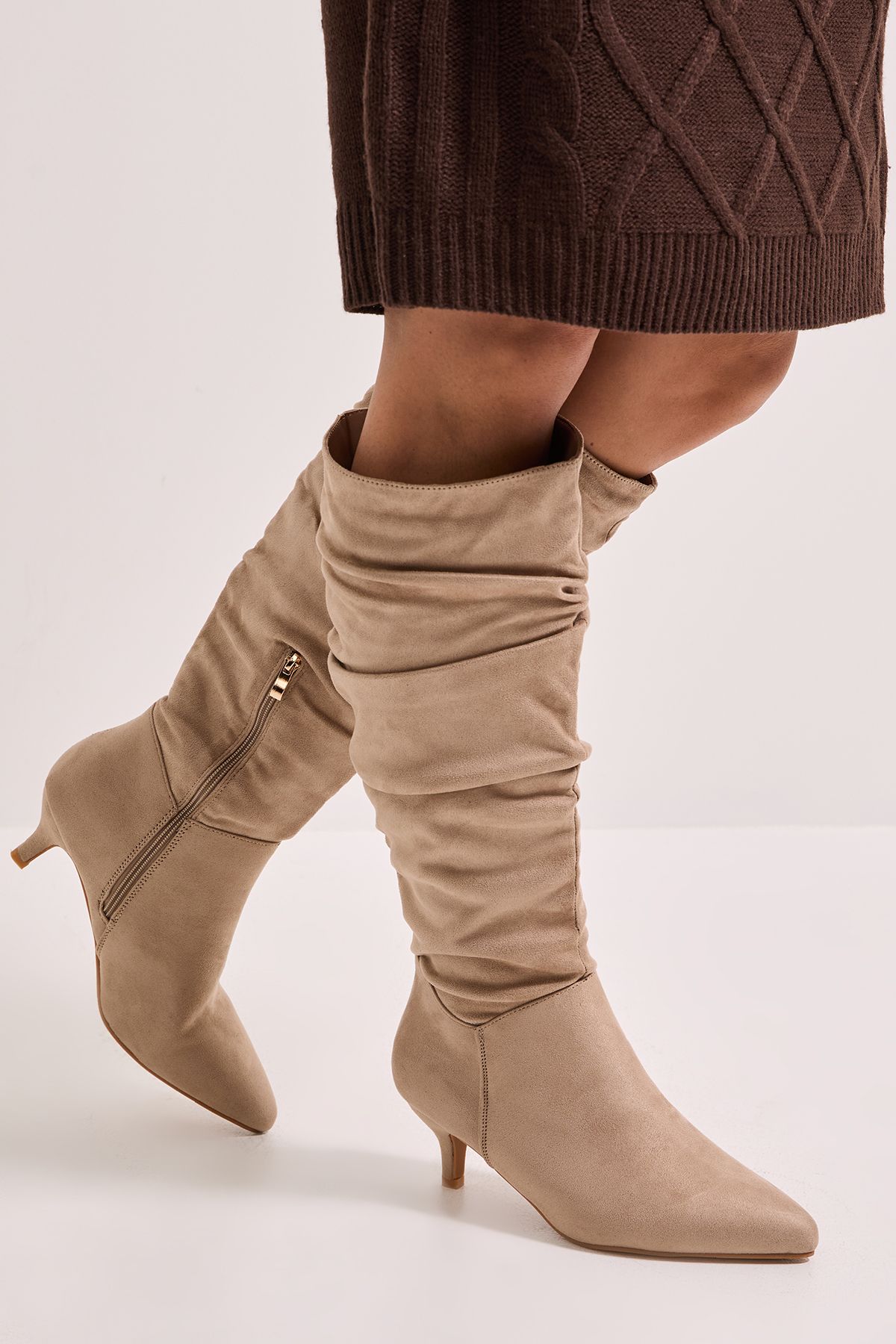 Dorothy Perkins Wide Fit Khloe Faux Suede Kitten Heel Knee High Ruched Boots