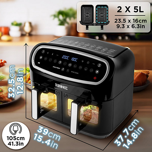 AF24 Friteuse à air 2400W Air fryer 2 tiroirs de 5 litres Sync Cook Sync Finish 10 modes de cuisson Sans huile Duronic