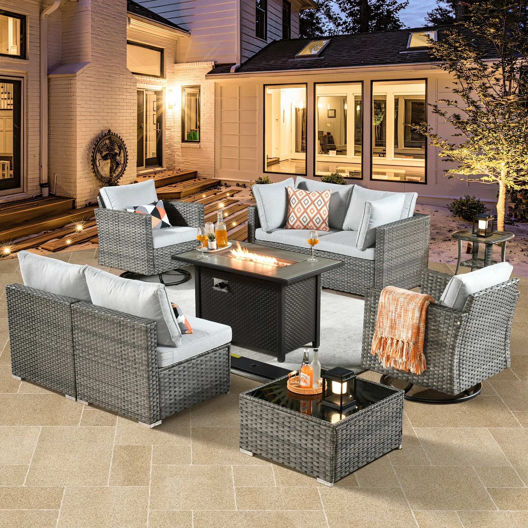 HOOOWOOO 9-piece Grey Rattan Outdoor Furniture Fire Pit Set with Swivel Chairs