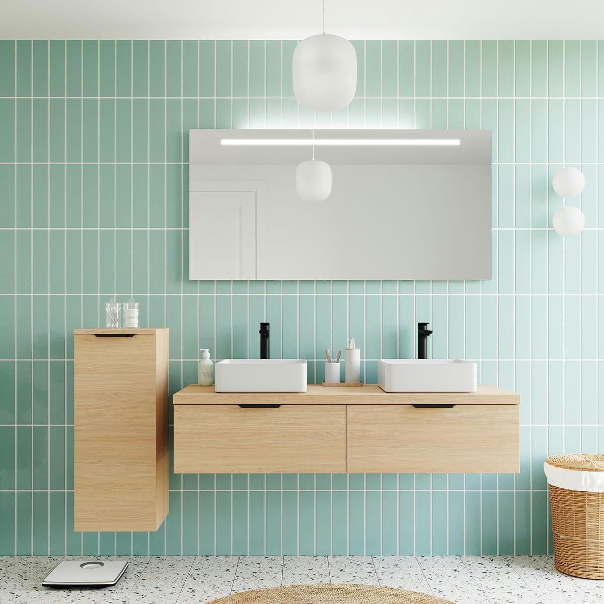 SOHO - Meuble salle de bain 2 vasques posées 140cm 2 tiroirs Chêne