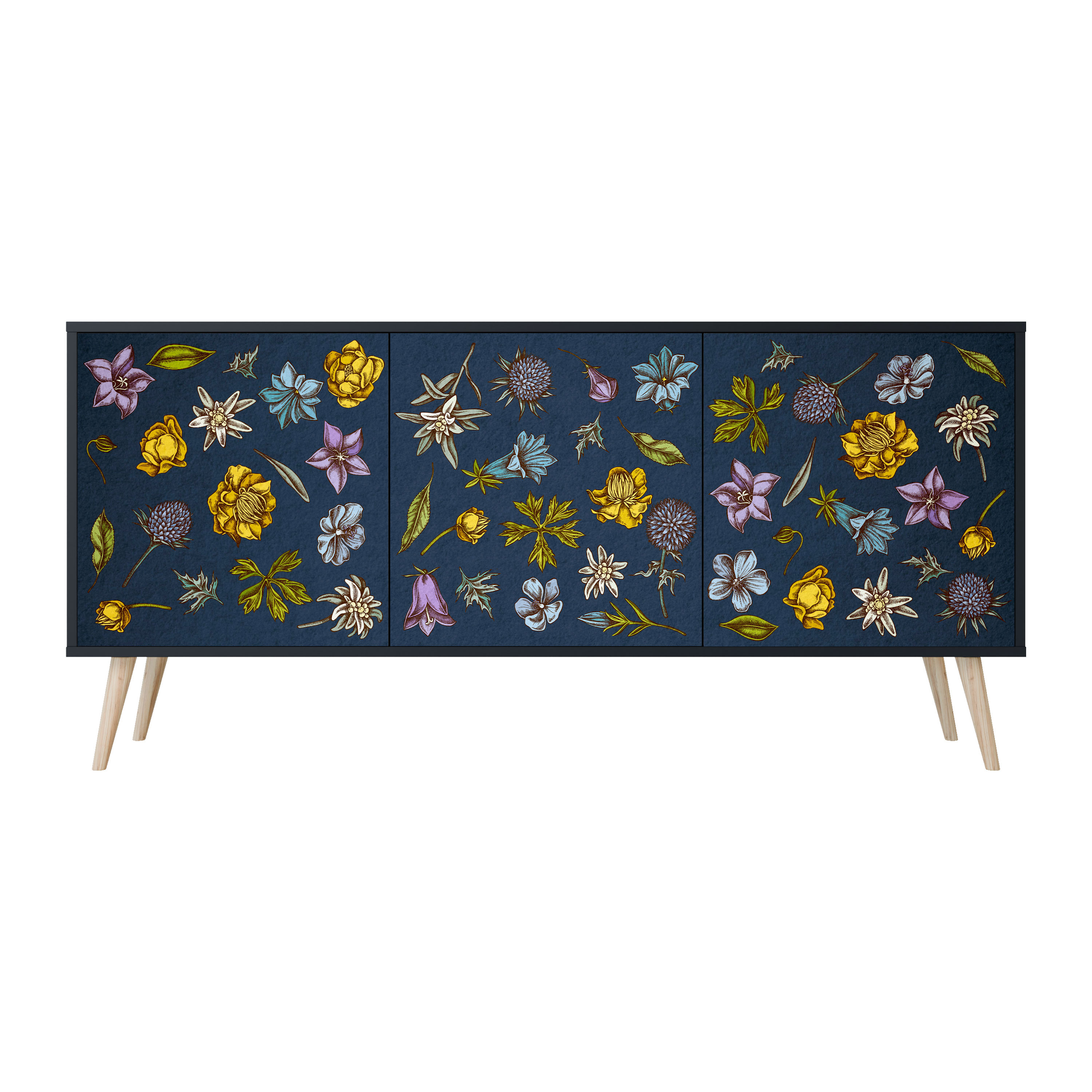 FLOWERS ON NAVY BLUE Komoda 3 drzwi Czarna-Bukowa skośna