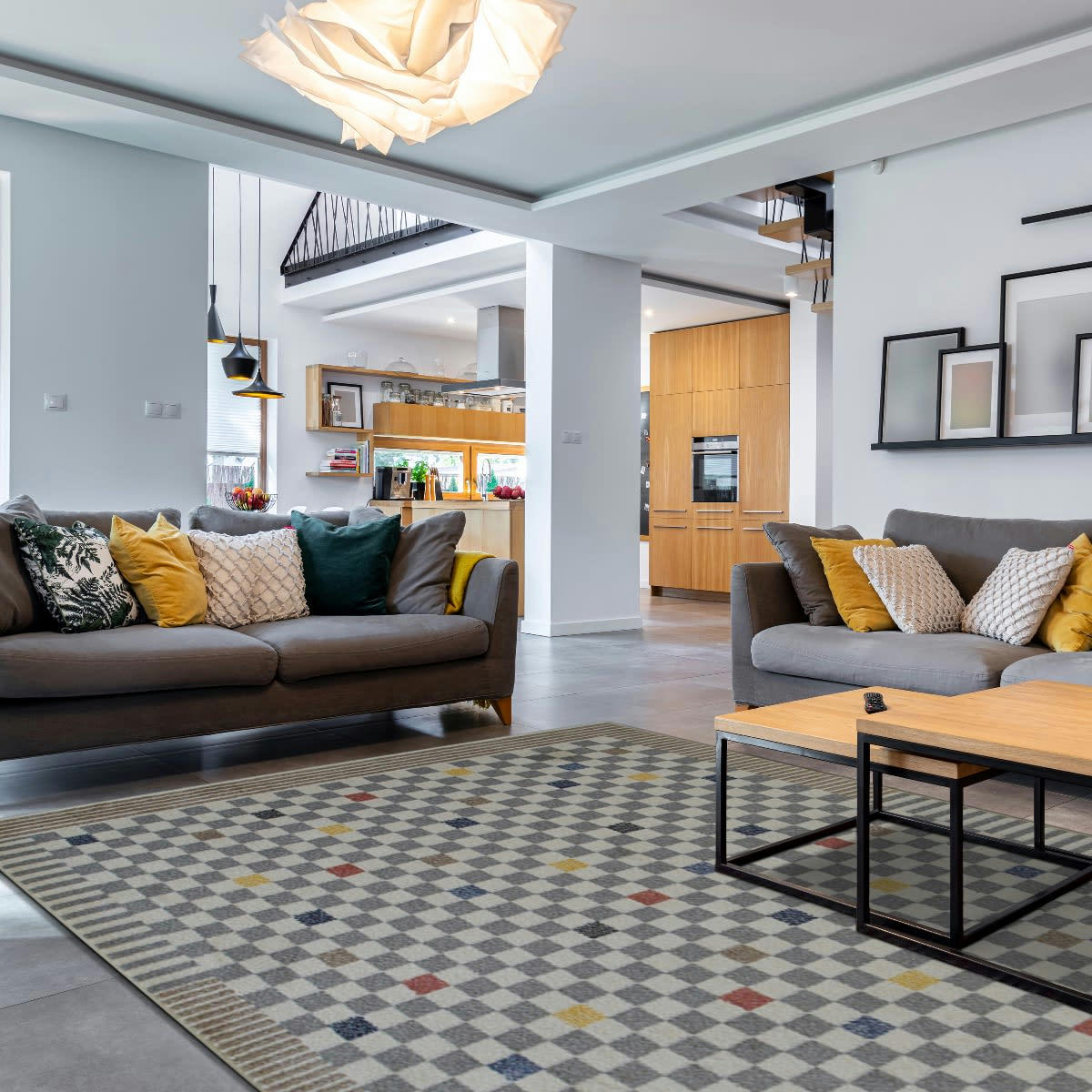 RAMINE - Tapis effet laineux motif damier multicolore 195x270