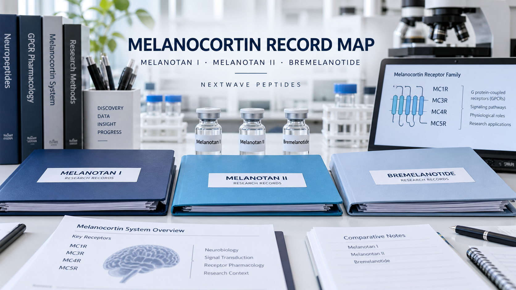NextWave Peptides laboratory editorial cover for Melanotan I, Melanotan II, and Bremelanotide: A Melanocortin Record Map.