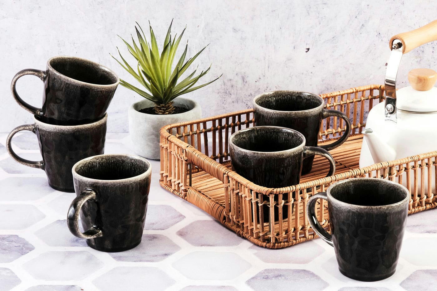 MOON - Lot de 6 mugs en grès noir 40cl