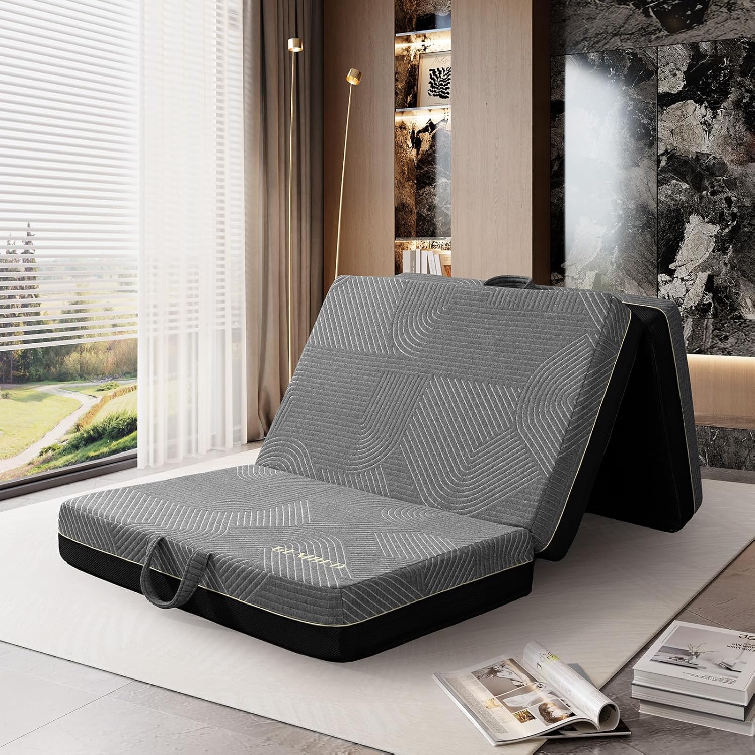 Tri Folding Memory Foam Mattress Full Size - Handle & Non-Slip Bottom, Portable Foldable Sofa Bed Floor Chair for Travel RV Camping Guest Yoga - 6 Inch, 73x52x6
