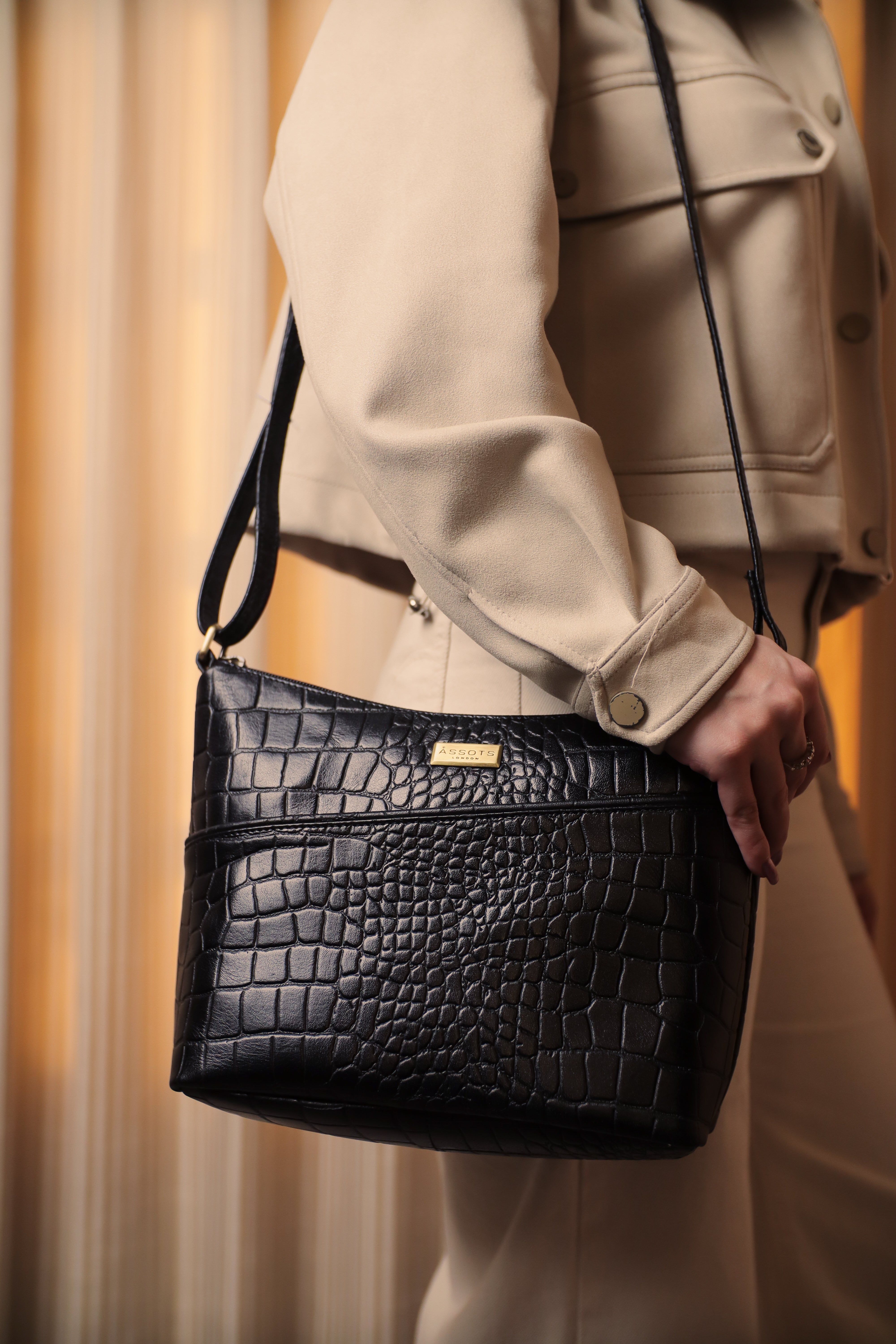 Assots London CAROL' Embossed Croc Real Leather Designer Crossbody Shoulder Bag