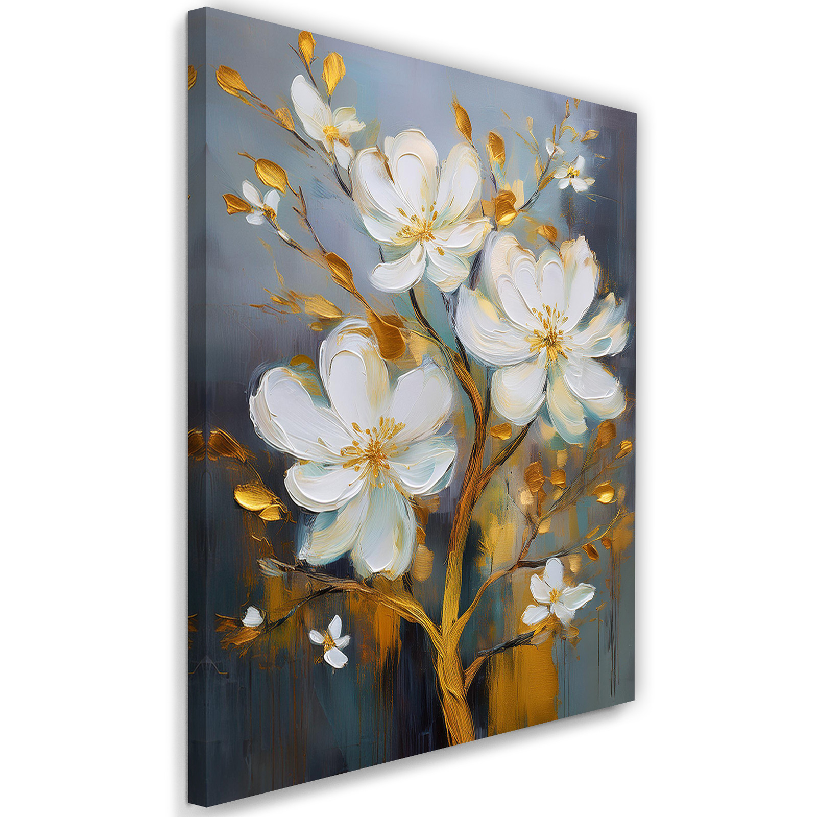 Feeby Obraz na płótnie, Białe Złote Kwiaty Malowane 40x60