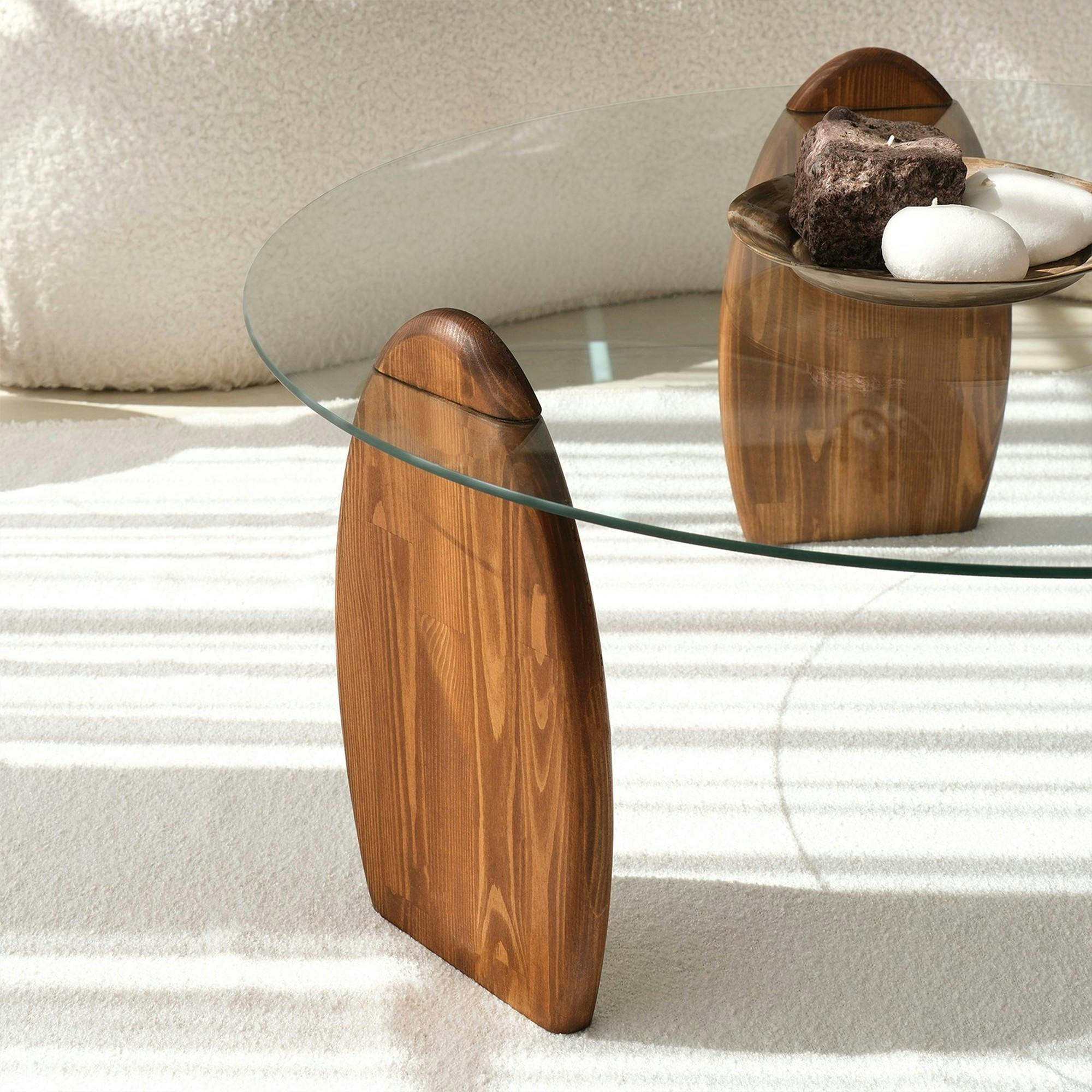 Table basse ronde en verre - 3 pieds bois brun ANZIO
