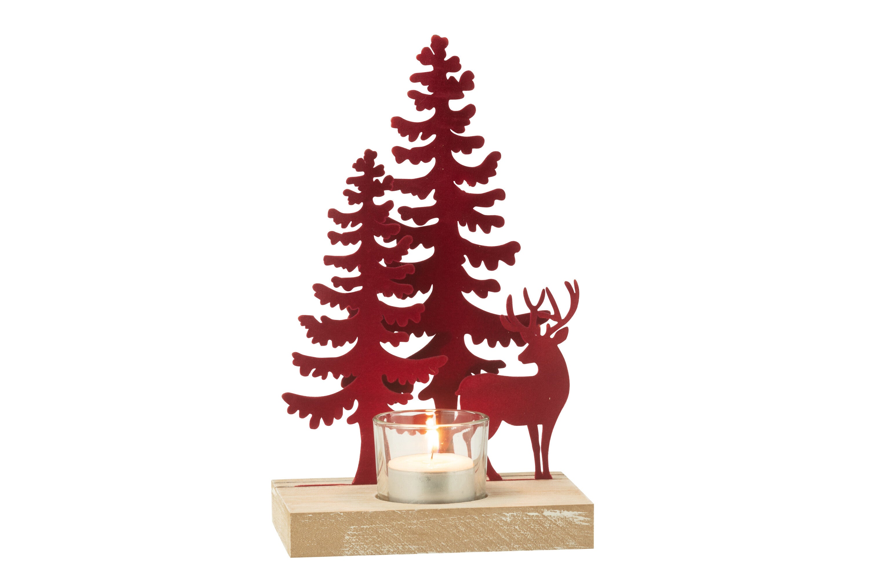 J-Line theelichthouder 1 Stuk Rendier/Bomen - metaal/hout - rood