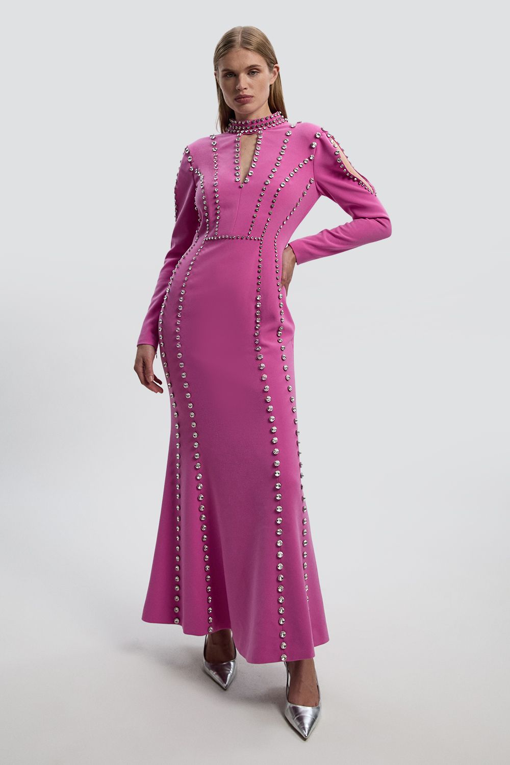 KarenMillen Crystal Embellished Woven Plunge Detail Maxi Dress