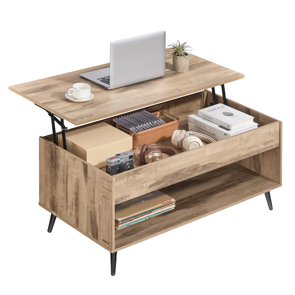 Table basse relevable avec rangement discret intégré