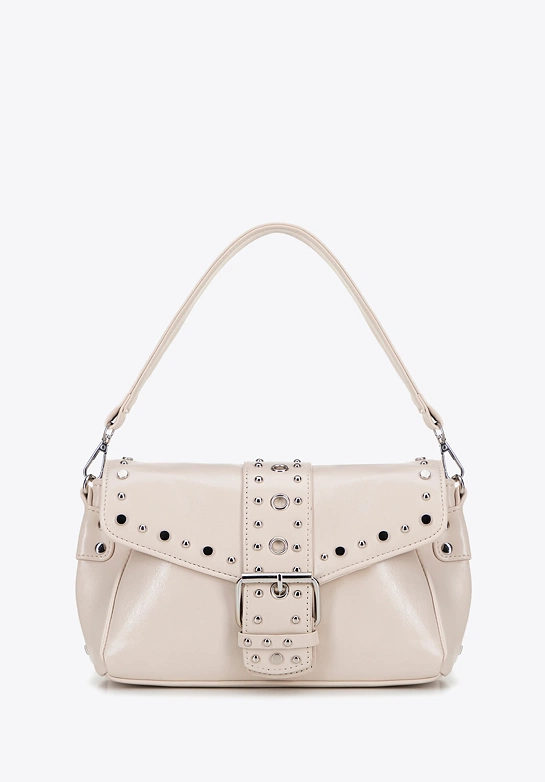 Damska crossbody z ekoskóry w dekoracyjne nity kremowa