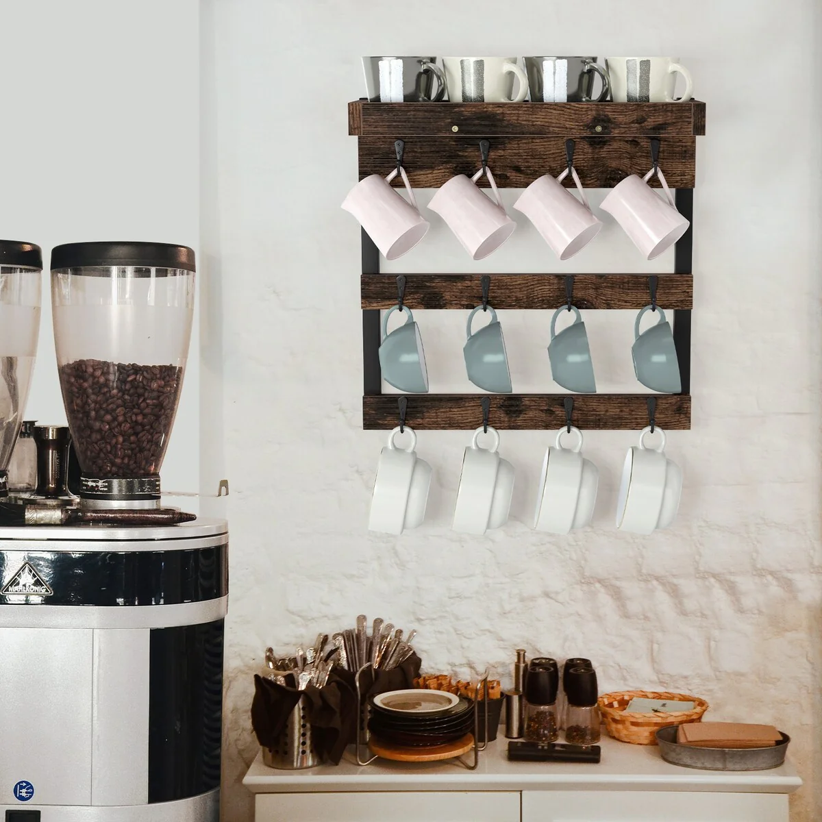 Coffee Mug Display Rack Wall Mounted Shelf with 12 Hooks for Kitchen
