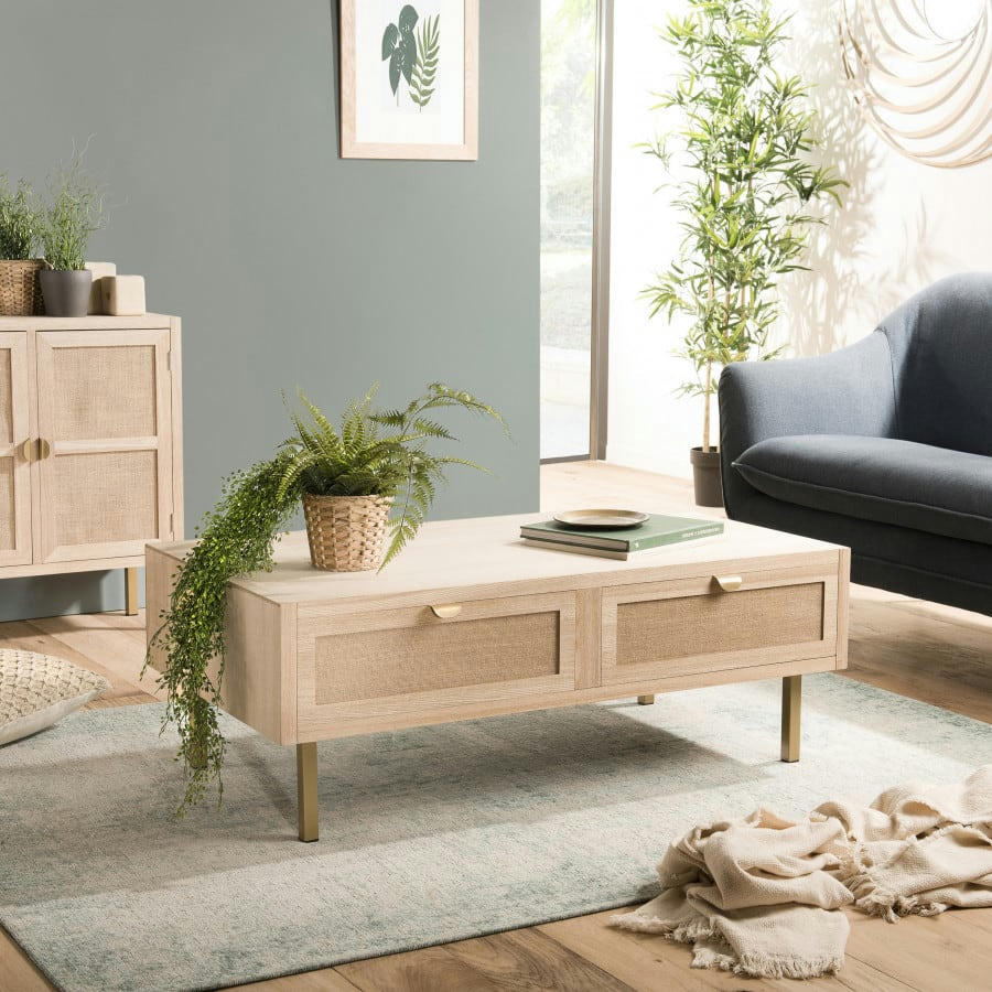 ADELE - Table basse 2 tiroirs toile de jute pieds métal doré L110