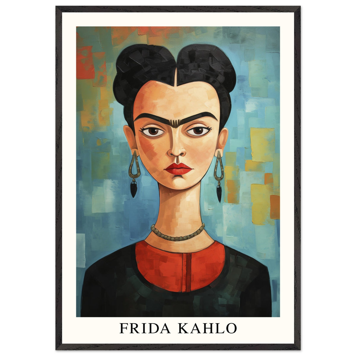 Artfulprints Poster met Lijst Frida Kahlo - Painted artistic portrait  - 70x100 cm - Blauw