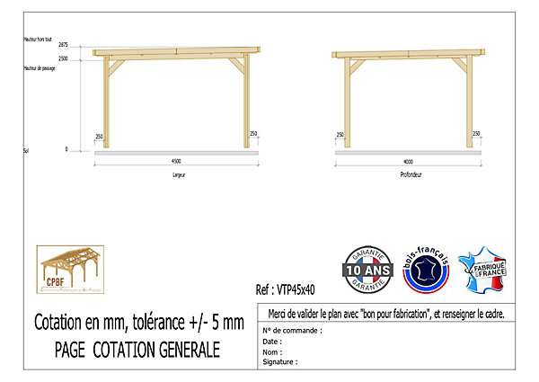 Carport toit plat, 450cmx400cm, bois DOUGLAS Français(Charpente en bois-auvent-abri voiture) 18 m². Garantie 10 ans
