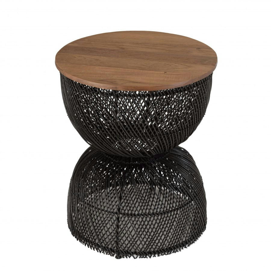 ALIDA - Table d'appoint en rotin noir plateau en bois de teck recyclé