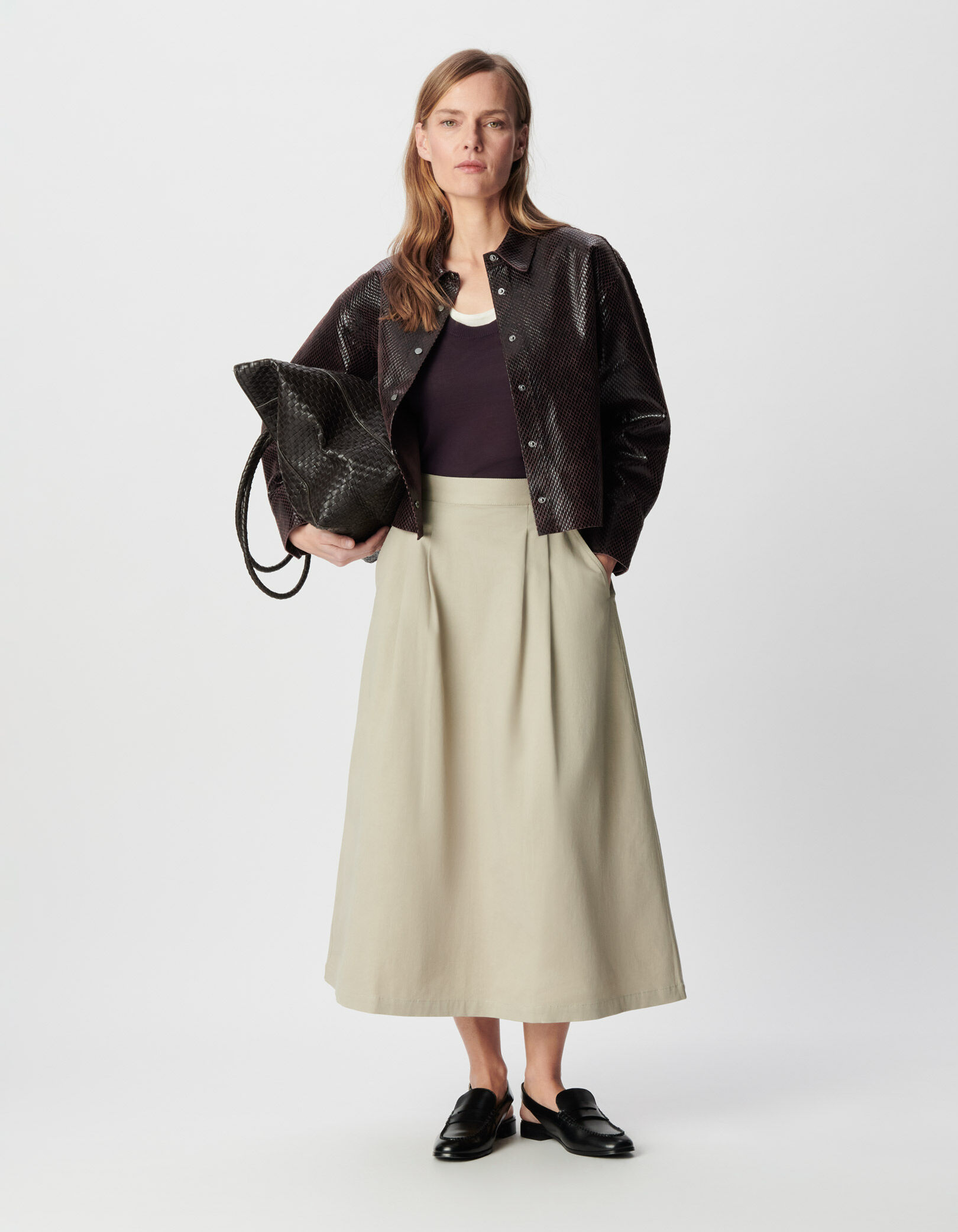 Jupe midi beige détails plis Femme