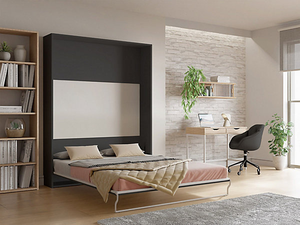 Lit escamotable 160 x 200 cm - Ouverture verticale manuelle - Anthracite et naturel   Matelas - MALINA II