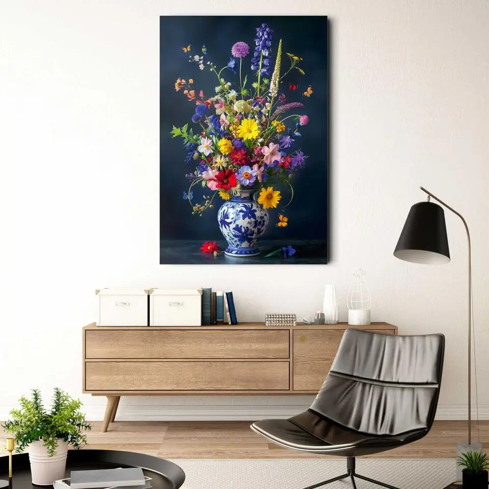 Glasschilderij Delfts Blauw bloemen - 116 x 78 - Bont
