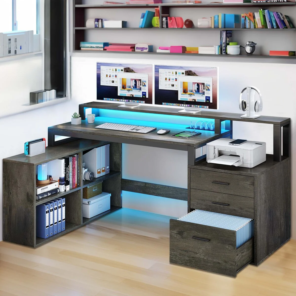 Moasis 65 L Shaped Computer Desk with 3 Drawers Cabinet, Corner Gaming Desk with LED Lights and Power Outlet