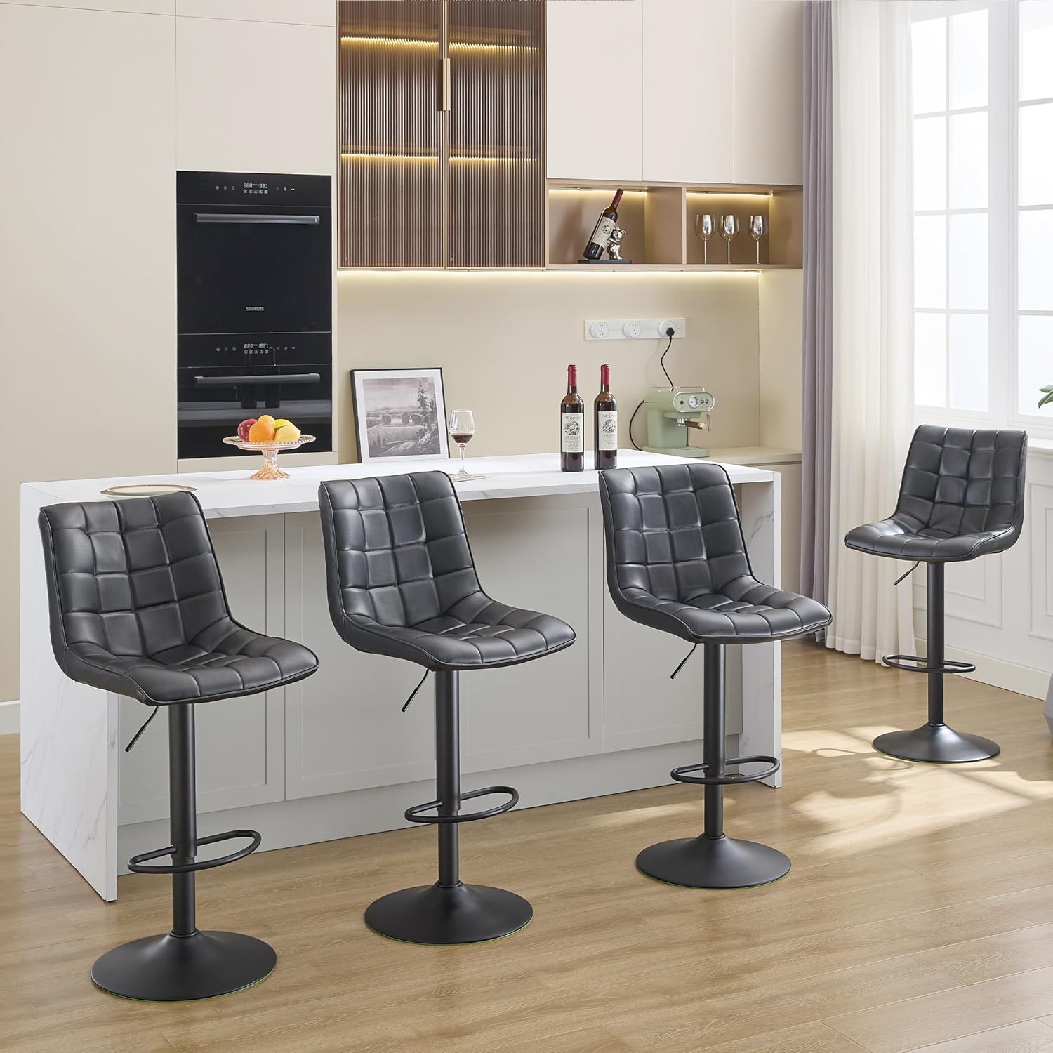Bar Stools Set of 4, Adjustable Counter Height Bar Stools 24-33, Modern Swivel Barstools with Backs, Black Kitchen Bar Chairs for Kitchen Island (Black, 4PCS)