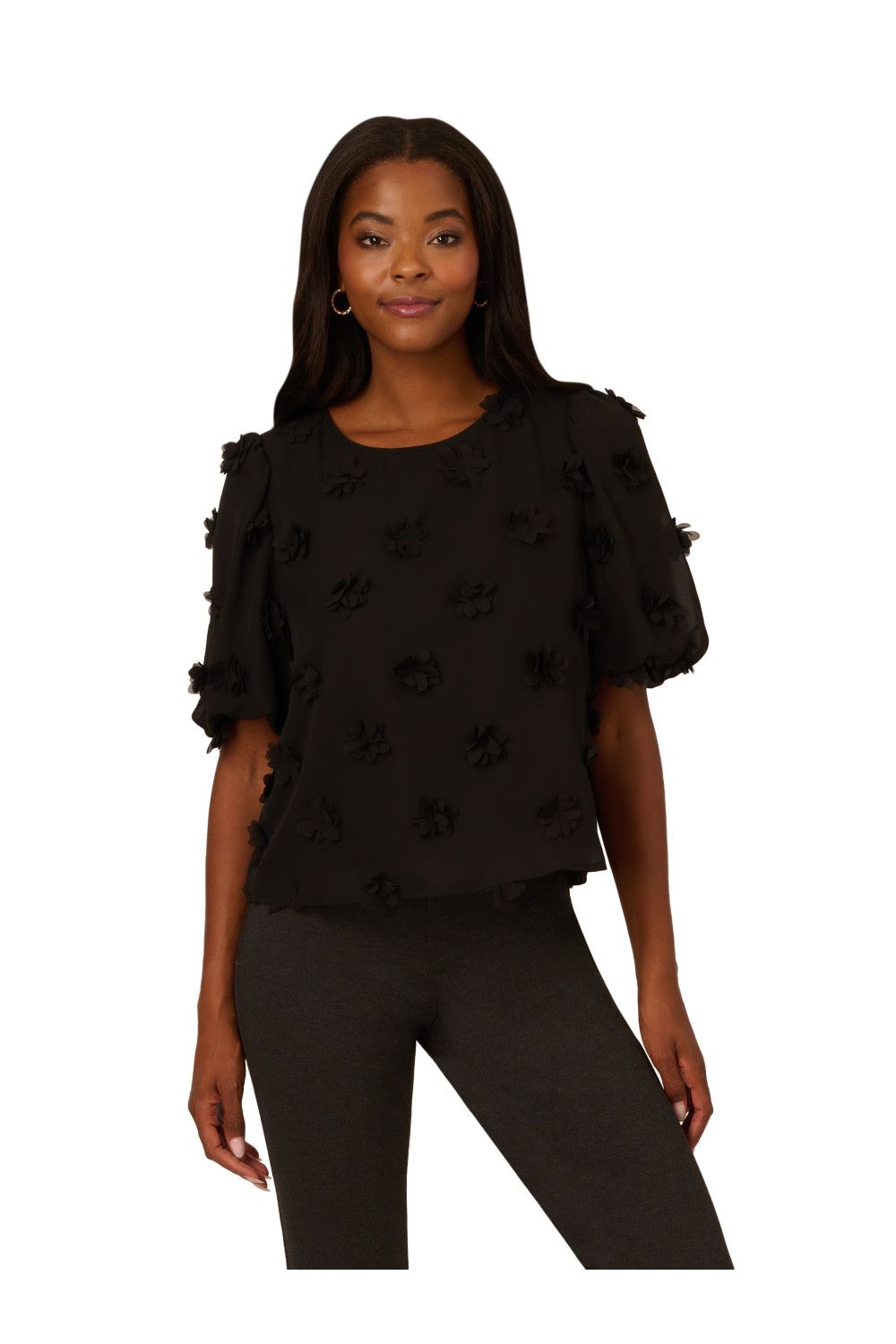 Adrianna Papell Crew Neck All Over 3D Flower Chiffon Blouse
