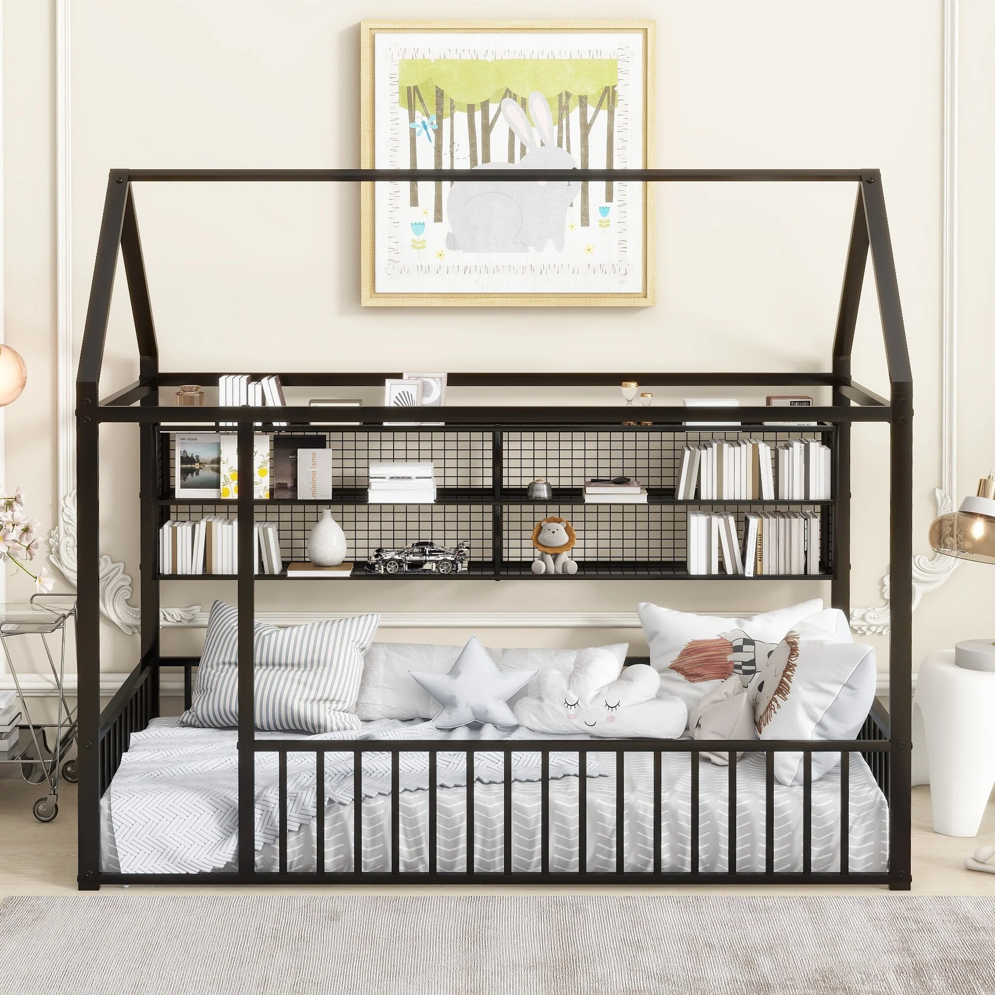 Full Size Metal House Bed Frame with Built-In Grid Shelves, Playful Canopy Design and Space-Saving Storage