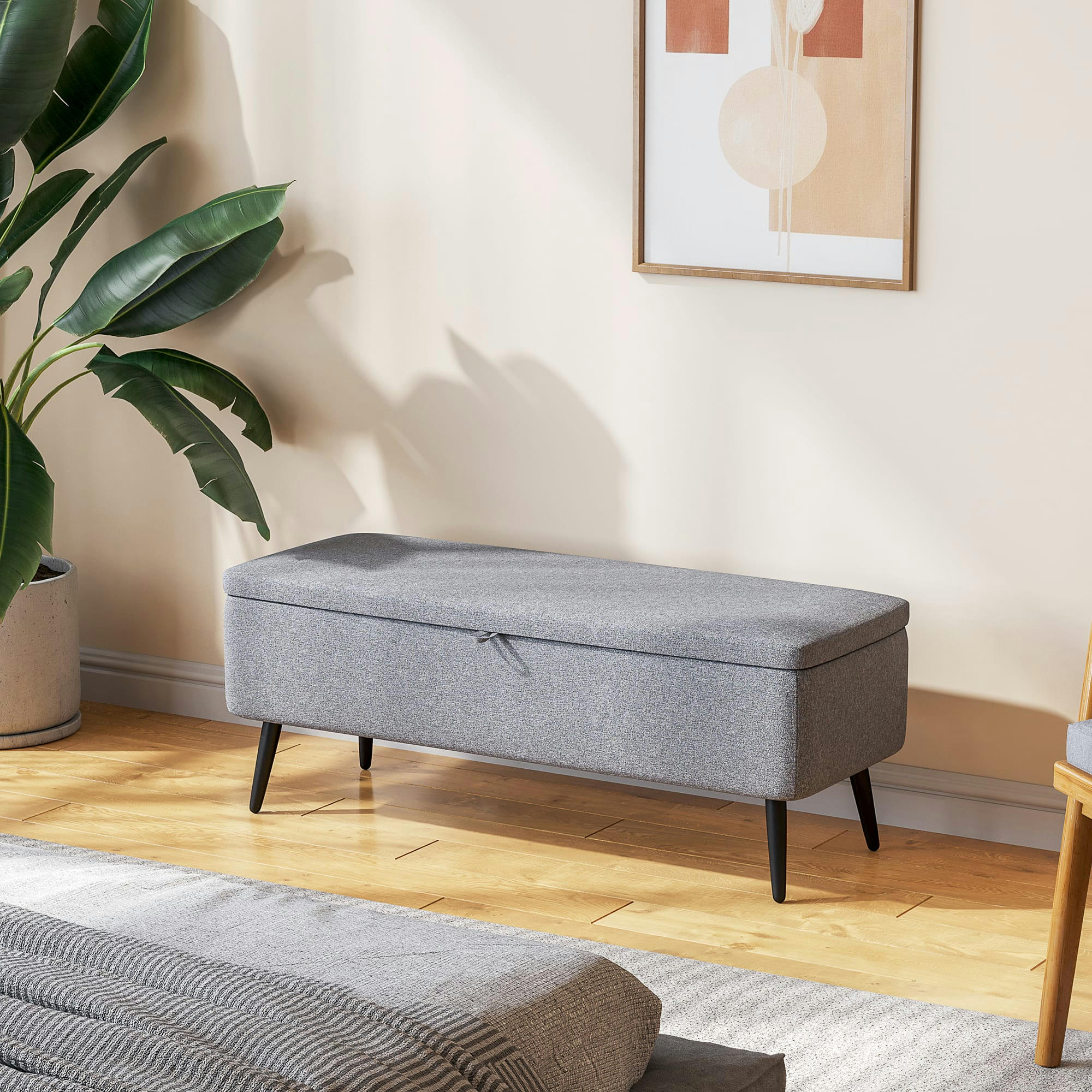 - Banc coffre de rangement 2 en 1 piètement acier noir tissu gris