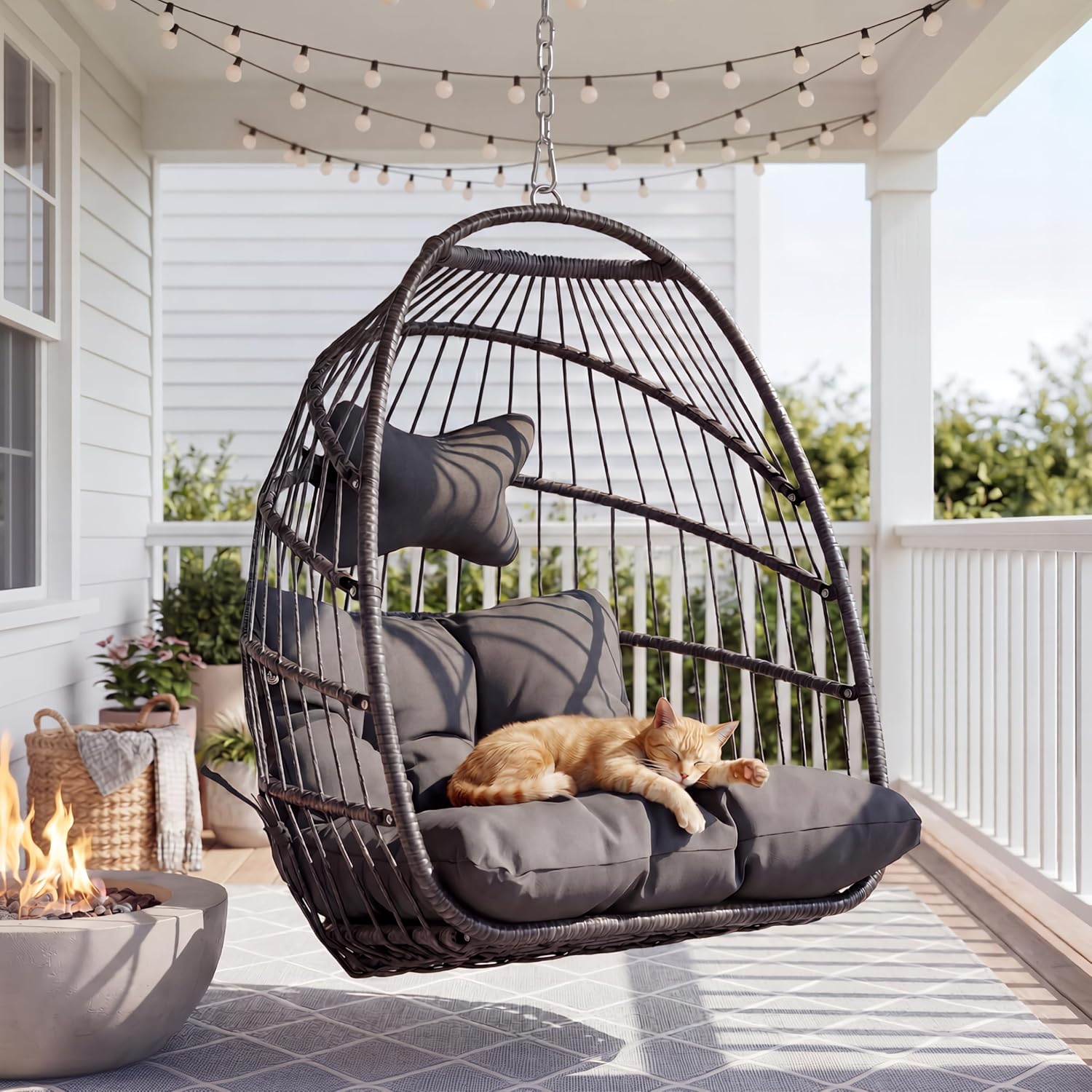 Nicesoul Patio Hanging Egg Chair No Stand, Foldable Ceiling Egg Basket Chairs Without Stand Indoor Outdoor, 350lbs Egg Shell Swing Hammock Chair with Cushion for Backyard, Balcony, Outside, Dark Grey