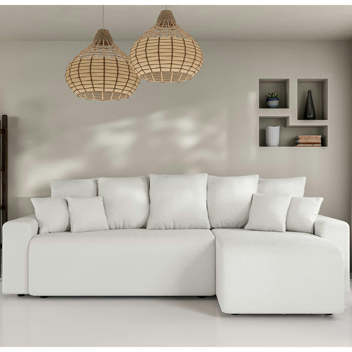 LUCIA - Canapé d'angle convertible 4 places en tissu bouclette écru