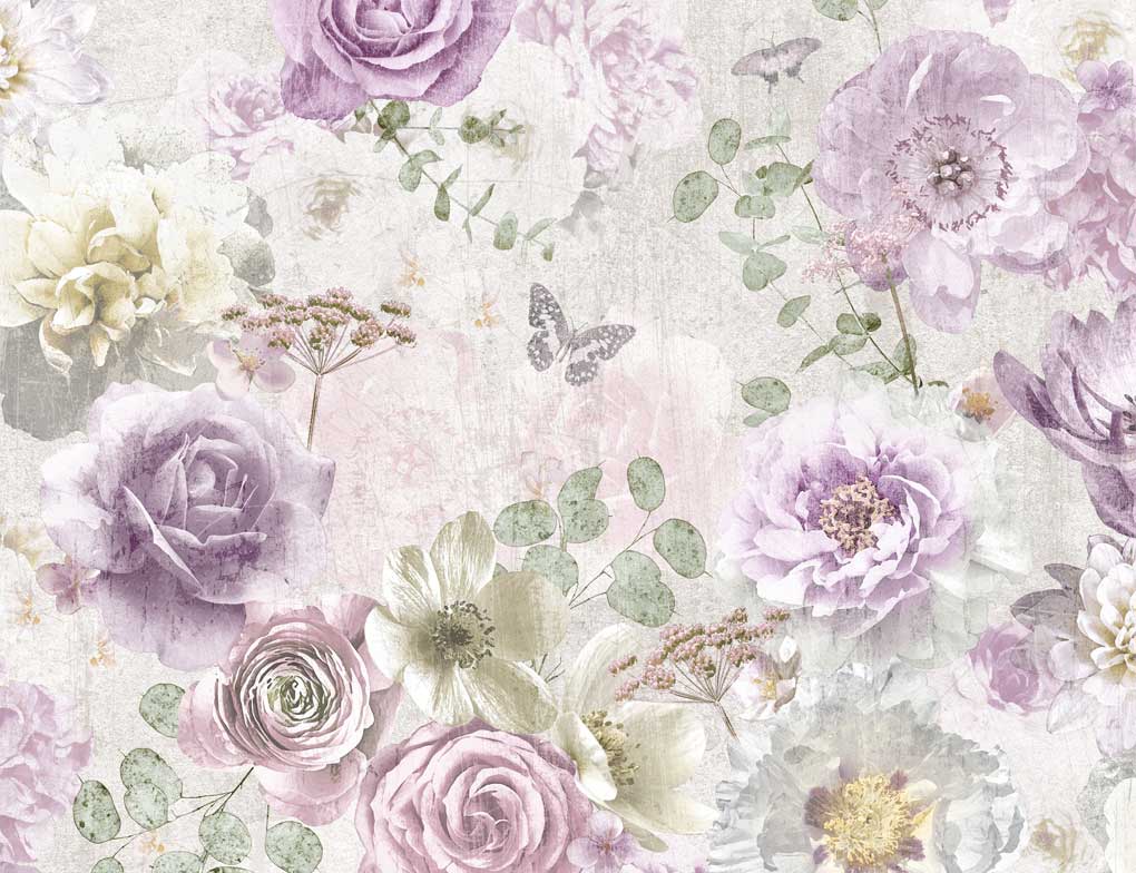 Papiertapete Blumen Aquarell Rosé, Creme