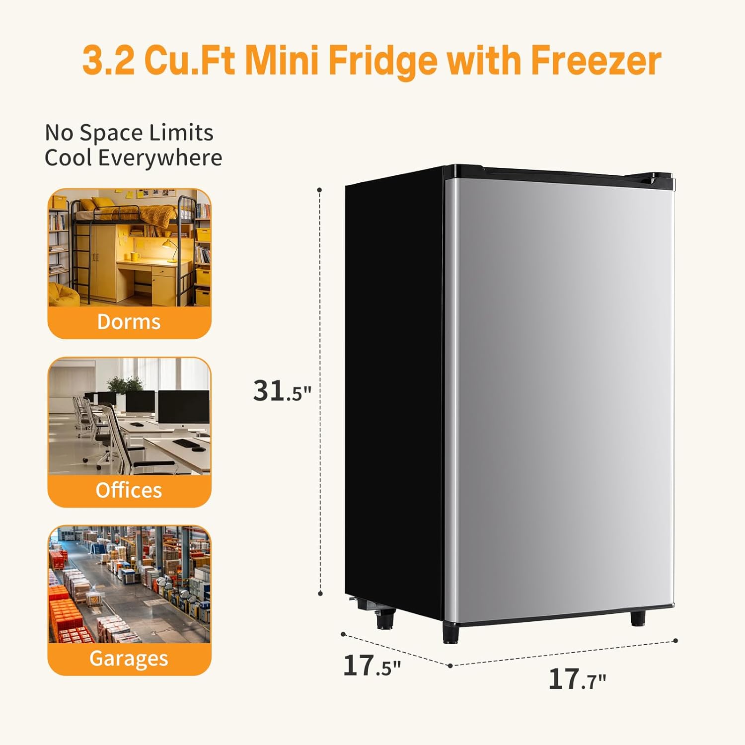 Mini Fridge with Freezer, 3.2 Cu.Ft Mini Refrigerators, Small Beverage Fridge with Adjustable Thermostat, for Bedroom, Office, Dorm, Single Door, Quiet & Energy Saving, Black