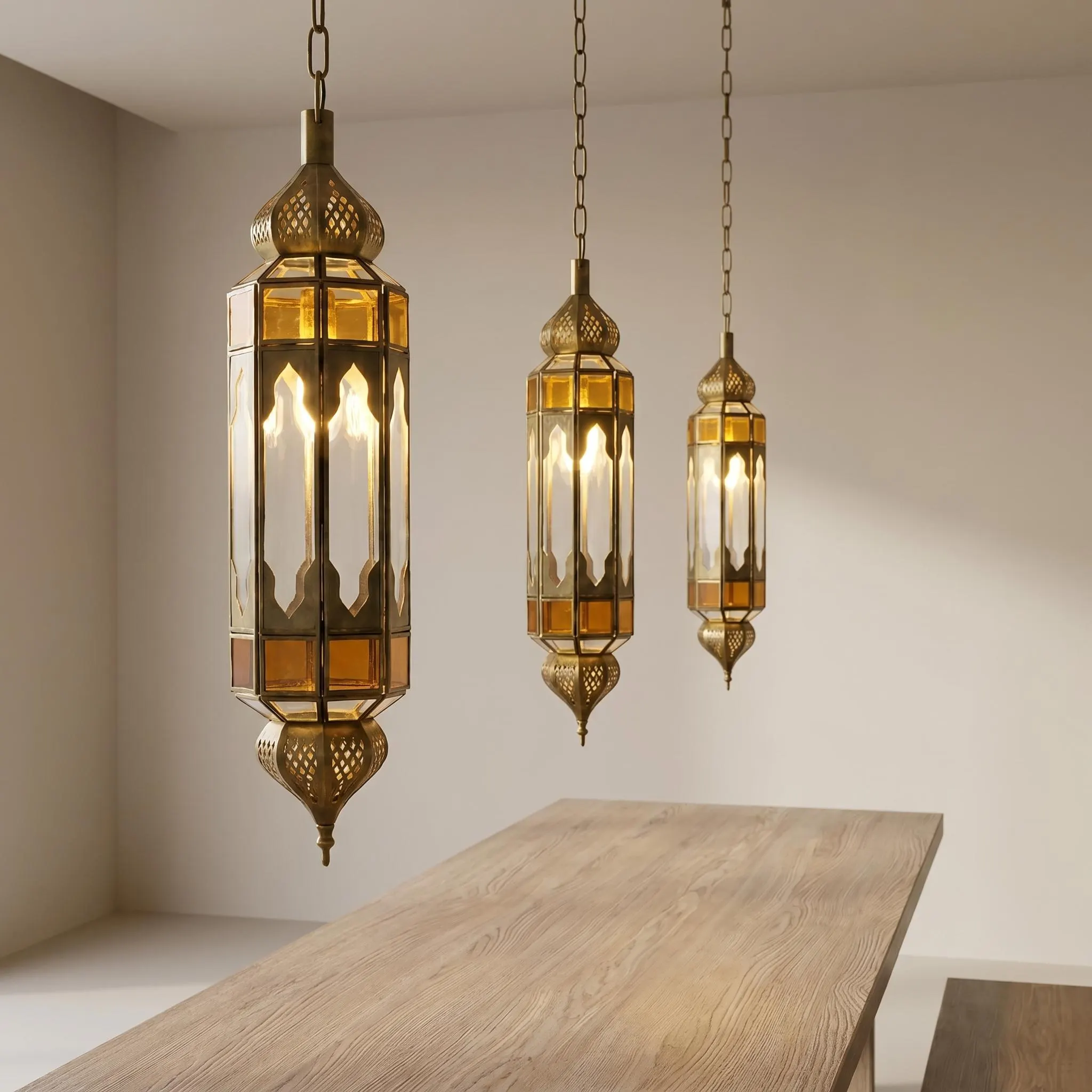 Moroccan Pendant Light Amber Glass Hanging Lantern Chain Fixture