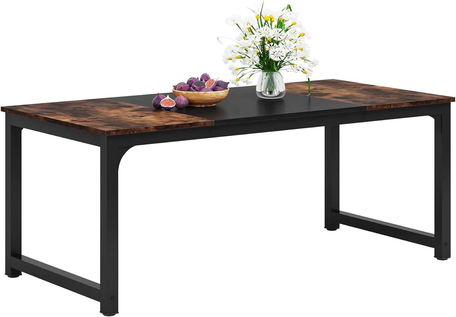 LITTLE TREE 70.9 Inch Large Dining Table Rectangular Kitchen Furniture for 6 to 8 People, Brown+Black