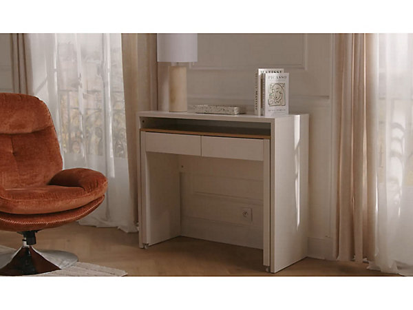 Bureau console extensible avec 2 tiroirs - Blanc et naturel - LOAVIA