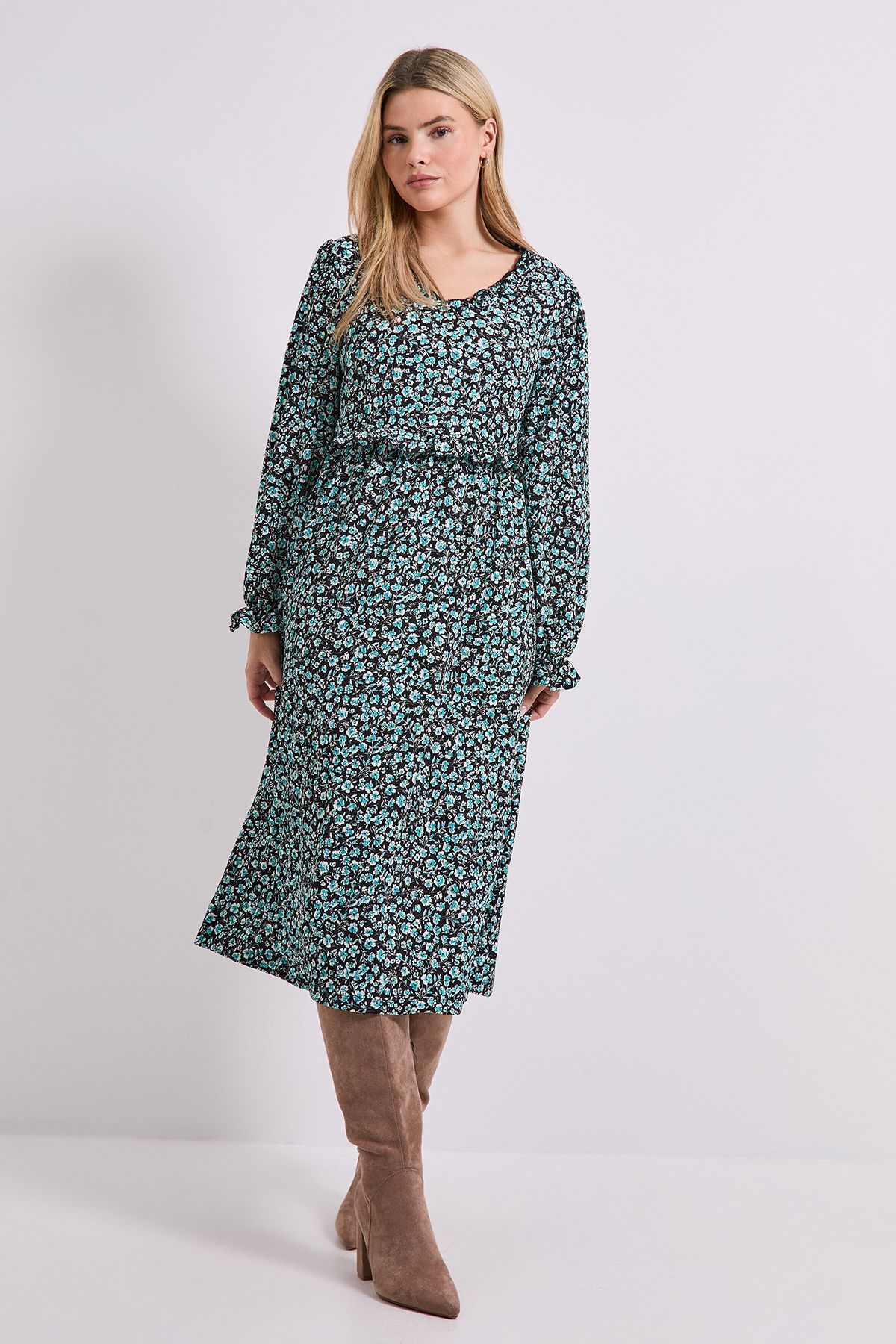 Dorothy Perkins Frill Neck Blouson Sleeve Midi Dress