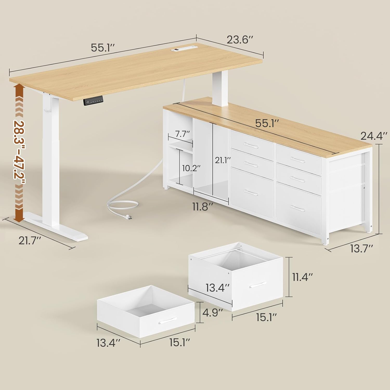 SEDETA L Shaped Electric Standing Desk, 55 x 55 Height Adjustable Office Executive Desk with 6 Fabric Drawers and Storage Shelves, Sit Stand Computer Desk with Power Outlet for Home Office (Oak)