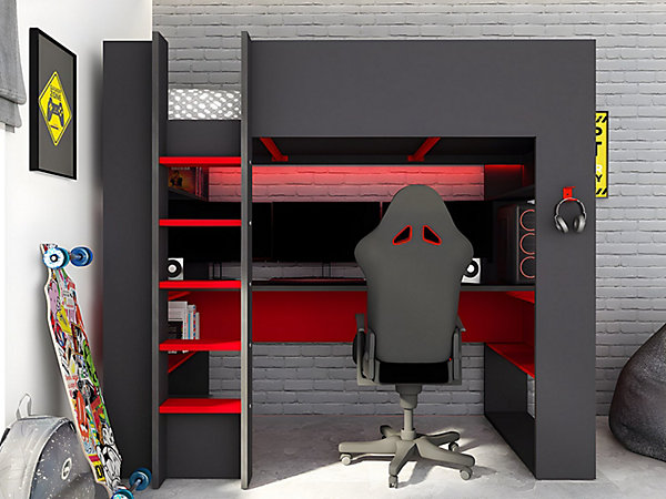Lit mezzanine gamer NOAH avec bureau et rangements intégrés - 90 x 200 cm - Avec LEDs - Anthracite et rouge   matelas