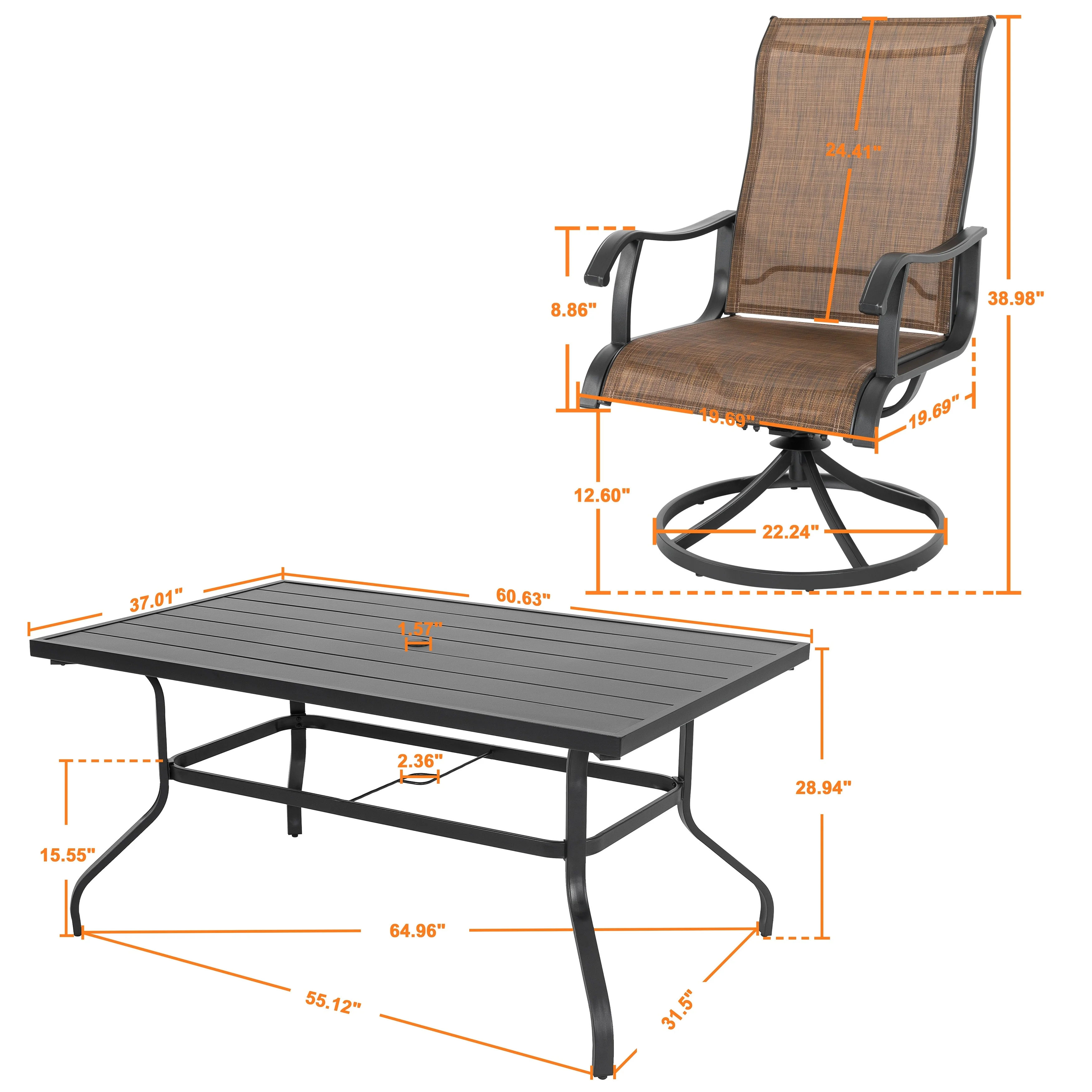 7-Piece Patio Iron Dining Set with Textilene Swivel Chairs, Brown and Black