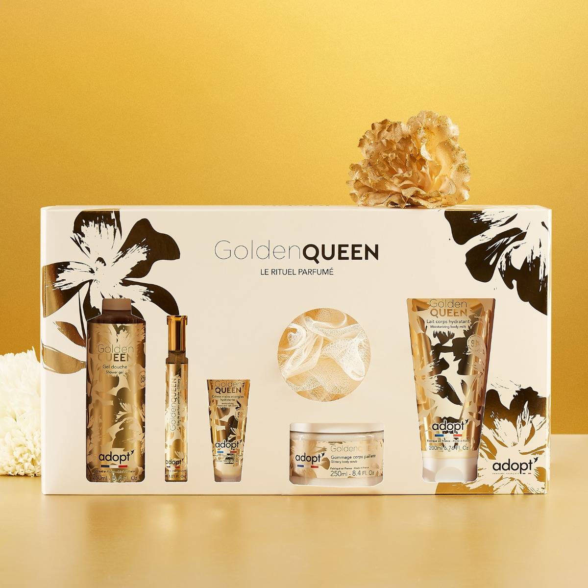 Golden QueenCOFFRET MAXI EAU DE PARFUM 30 ML   GEL DOUCHE 250 ML   LAIT CORPS 200 ML   CRÈME POUR LES MAINS 30 ML   GOMMAGE AU SUCRE 250 ML   FLEUR DE BAIN