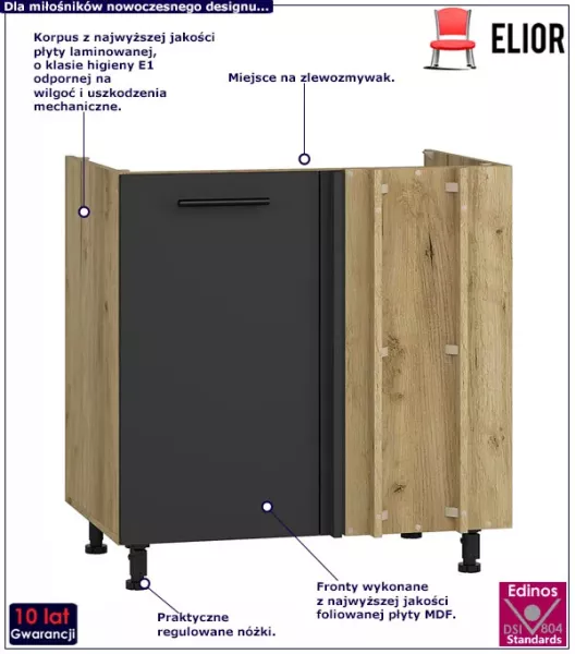 Szafka kuchenna pod zlewozmywak dąb craft   antracyt - Orvon