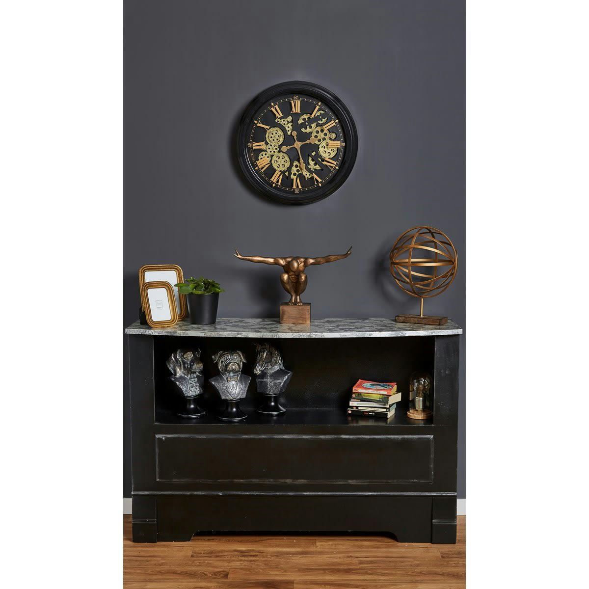 - Horloge ronde noire et dorée mécanisme apparent 52x9x52cm