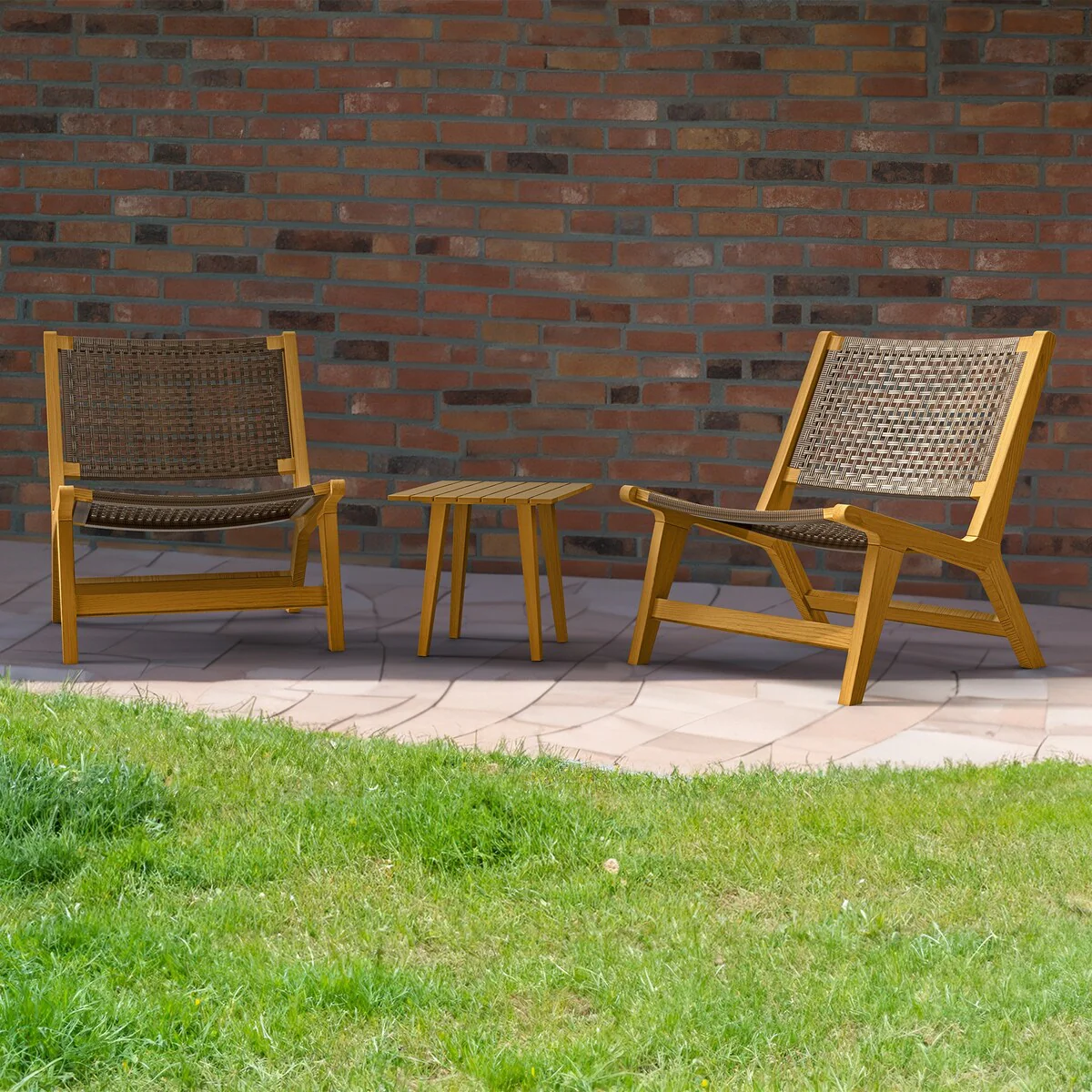 Rustic 3-Piece Wicker Adirondack Chair, Acacia Wood Reclining Armchair, 25.6W x 31.3D x 29.9H