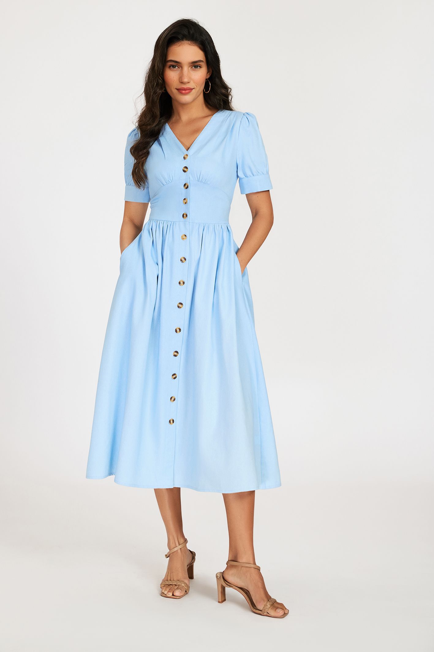 FS Collection Puff Sleeve Button-Front Denim Midi Dress In Light Blue