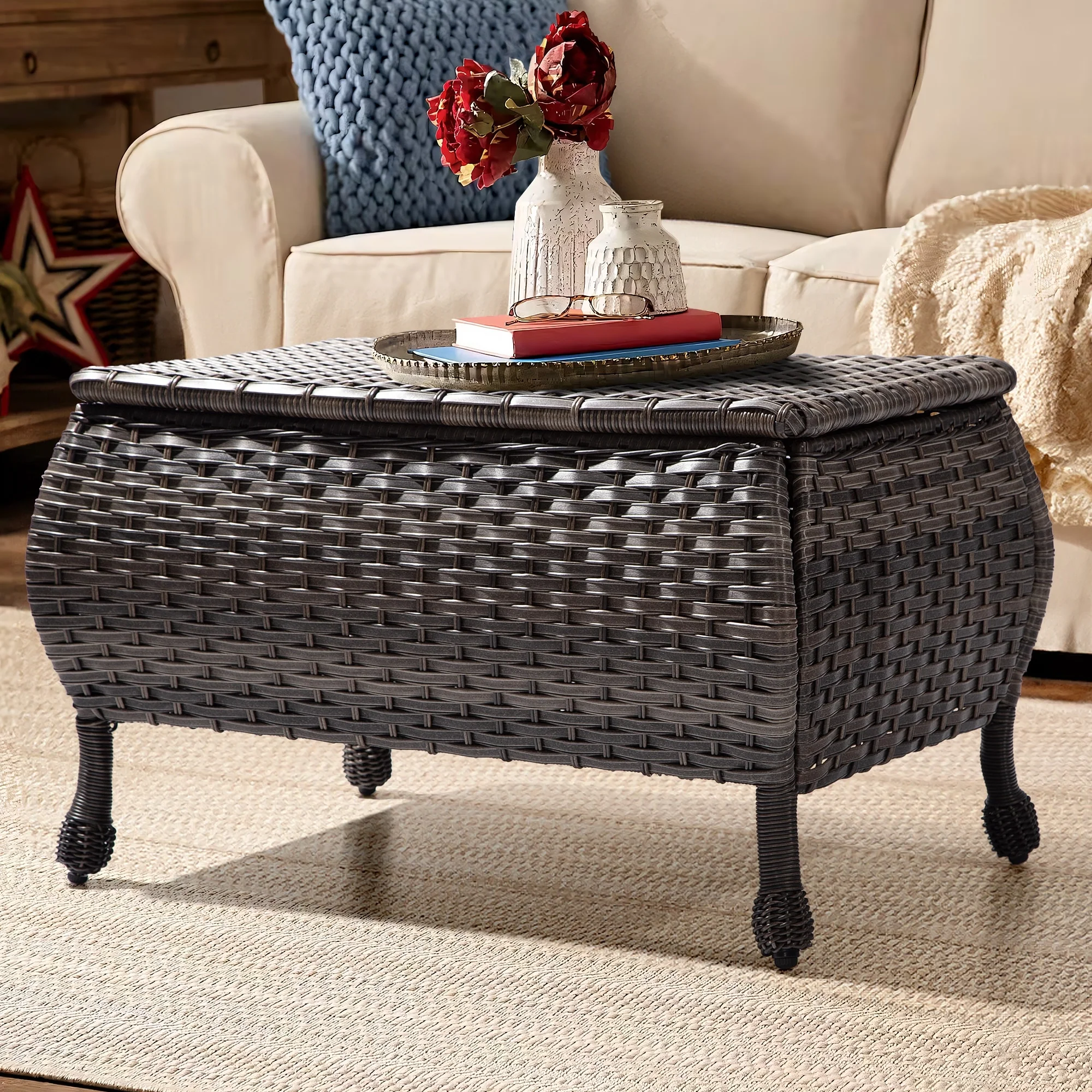 Cozywor Brown Wicker Outdoor Patio Storage Coffee Table